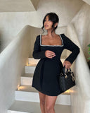 Frankie | Pearl Trim Mini – Square Neck Long Sleeve A-Line Party Evening Dress