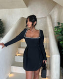 Frankie | Pearl Trim Mini – Square Neck Long Sleeve A-Line Party Evening Dress