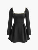 Frankie | Pearl Trim Mini – Square Neck Long Sleeve A-Line Party Evening Dress