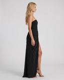 Freyja | Ruched Maxi Dress – Evening Strapless Draped Front High Slit