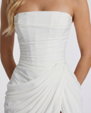 Freyja | Ruched Maxi Dress – Evening Strapless Draped Front High Slit