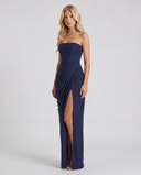 Freyja | Ruched Maxi Dress – Evening Strapless Draped Front High Slit