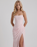 Freyja | Ruched Maxi Dress – Evening Strapless Draped Front High Slit