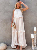 Gabriella | Boho Solid Maxi Dress – Halter Ruffle Tiered Resort Vacation
