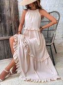 Gabriella | Boho Solid Maxi Dress – Halter Ruffle Tiered Resort Vacation