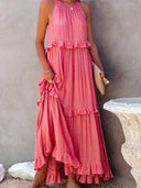 Gabriella | Boho Solid Maxi Dress – Halter Ruffle Tiered Resort Vacation
