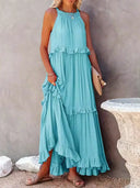 Gabriella | Boho Solid Maxi Dress – Halter Ruffle Tiered Resort Vacation