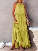 Gabriella | Boho Solid Maxi Dress – Halter Ruffle Tiered Resort Vacation