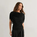 Gemma | Draped Cape Top – Ruched Sheer Short Sleeve Evening Blouse