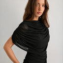 Gemma | Draped Cape Top – Ruched Sheer Short Sleeve Evening Blouse