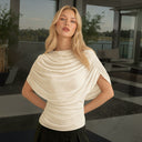 Gemma | Draped Cape Top – Ruched Sheer Short Sleeve Evening Blouse