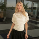 Gemma | Draped Cape Top – Ruched Sheer Short Sleeve Evening Blouse