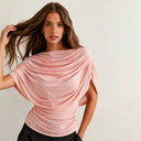 Gemma | Draped Cape Top – Ruched Sheer Short Sleeve Evening Blouse