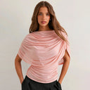 Gemma | Draped Cape Top – Ruched Sheer Short Sleeve Evening Blouse