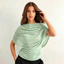 Gemma | Draped Cape Top – Ruched Sheer Short Sleeve Evening Blouse