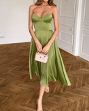 Genesis | Strapless A Line Midi Dress – Sweetheart Neck Sleeveless Wedding Guest