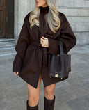 Gloria | Solid Wrap Cape Jacket – Office Layering Belted Long Sleeve