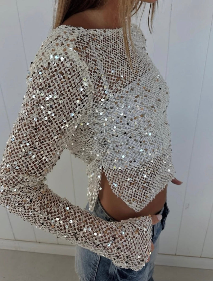 Grace | Sequin Mesh Crop Top – Open Back Long Sleeve Sheer Knit Party Top