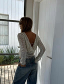 Grace | Sequin Mesh Crop Top – Open Back Long Sleeve Sheer Knit Party Top