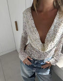 Grace | Sequin Mesh Crop Top – Open Back Long Sleeve Sheer Knit Party Top