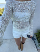Grace | Sequin Mesh Crop Top – Open Back Long Sleeve Sheer Knit Party Top