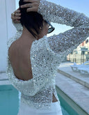 Grace | Sequin Mesh Crop Top – Open Back Long Sleeve Sheer Knit Party Top