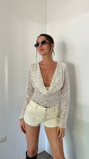 Grace | Sequin Mesh Crop Top – Open Back Long Sleeve Sheer Knit Party Top
