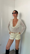 Grace | Sequin Mesh Crop Top – Open Back Long Sleeve Sheer Knit Party Top