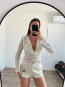 Grace | Sequin Mesh Crop Top – Open Back Long Sleeve Sheer Knit Party Top