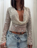 Grace | Sequin Mesh Crop Top – Open Back Long Sleeve Sheer Knit Party Top