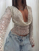 Grace | Sequin Mesh Crop Top – Open Back Long Sleeve Sheer Knit Party Top