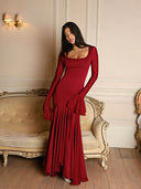 Graciela | Pleated Maxi Dress – Evening Square Neck Long Sleeve Ruffle Cuffs