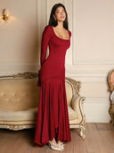 Graciela | Pleated Maxi Dress – Evening Square Neck Long Sleeve Ruffle Cuffs