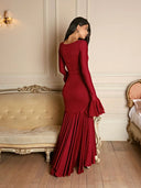 Graciela | Pleated Maxi Dress – Evening Square Neck Long Sleeve Ruffle Cuffs