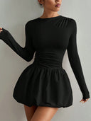 Guadalupe | Bubble Hem Mini Dress – Casual Boat Neck Long Sleeve Ruched Waist