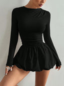 Guadalupe | Bubble Hem Mini Dress – Casual Boat Neck Long Sleeve Ruched Waist