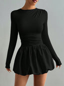 Guadalupe | Bubble Hem Mini Dress – Casual Boat Neck Long Sleeve Ruched Waist