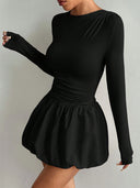 Guadalupe | Bubble Hem Mini Dress – Casual Boat Neck Long Sleeve Ruched Waist