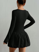 Guadalupe | Bubble Hem Mini Dress – Casual Boat Neck Long Sleeve Ruched Waist