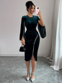 Haislee | Velvet Midi Dress – Evening Crew Neck Split Sleeve Beaded Fringe