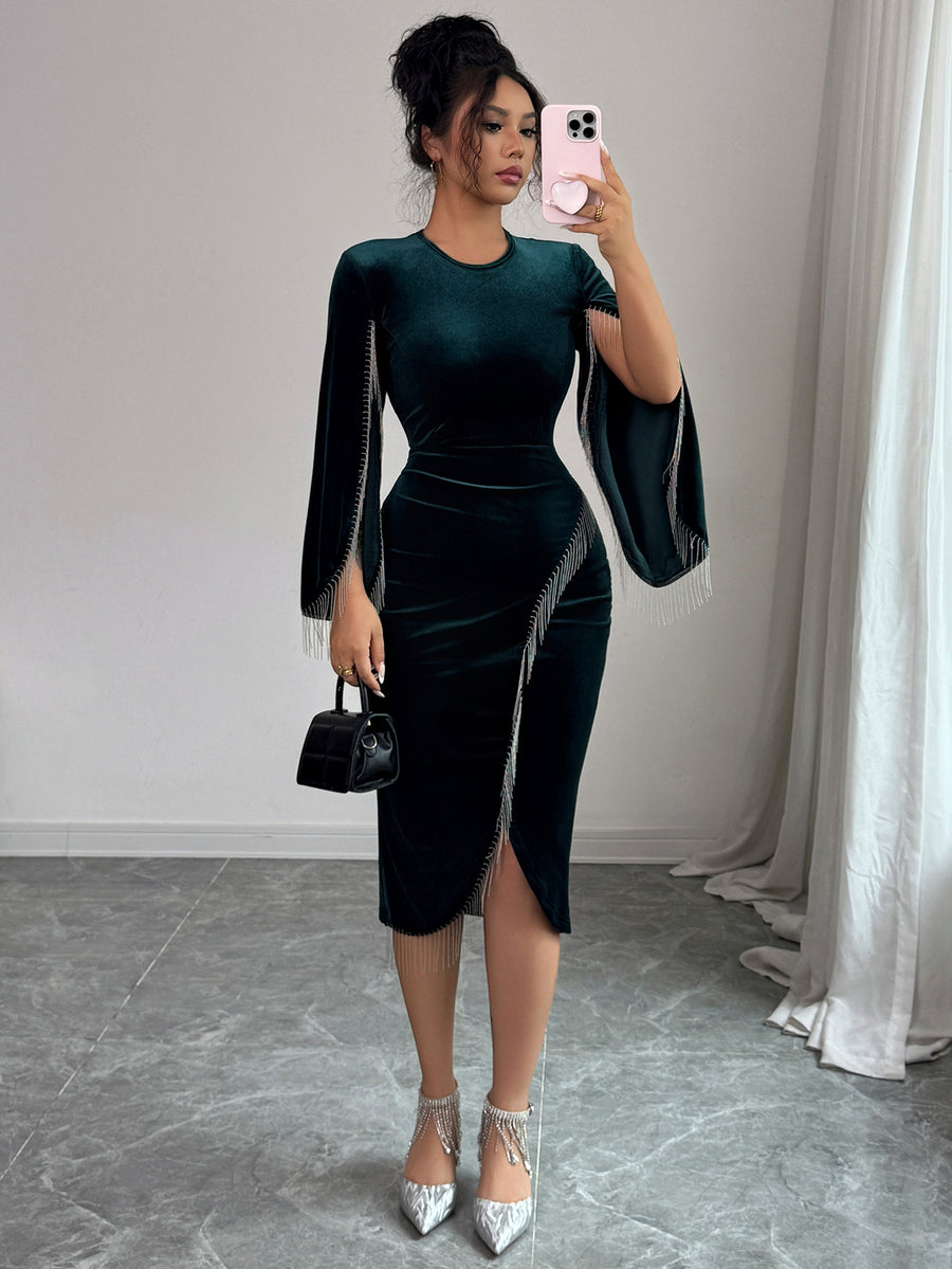 Haislee | Velvet Midi Dress – Evening Crew Neck Split Sleeve Beaded Fringe