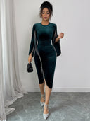 Haislee | Velvet Midi Dress – Evening Crew Neck Split Sleeve Beaded Fringe