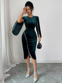 Haislee | Velvet Midi Dress – Evening Crew Neck Split Sleeve Beaded Fringe