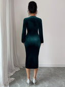 Haislee | Velvet Midi Dress – Evening Crew Neck Split Sleeve Beaded Fringe
