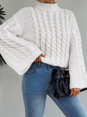 Halo | Cable Knit Sweater – Mock Neck Long Sleeve Ribbed Trim Everyday Wear