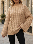 Halo | Cable Knit Sweater – Mock Neck Long Sleeve Ribbed Trim Everyday Wear