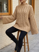 Halo | Cable Knit Sweater – Mock Neck Long Sleeve Ribbed Trim Everyday Wear