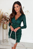 Harlow | Sequin Feather Mini – Deep V Neck Long Sleeve Wrap Bodice Party Dress