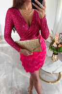 Harlow | Sequin Feather Mini – Deep V Neck Long Sleeve Wrap Bodice Party Dress