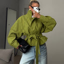 Harriet | Textured Belted Jacket – High Neck Snap Front Long Sleeve